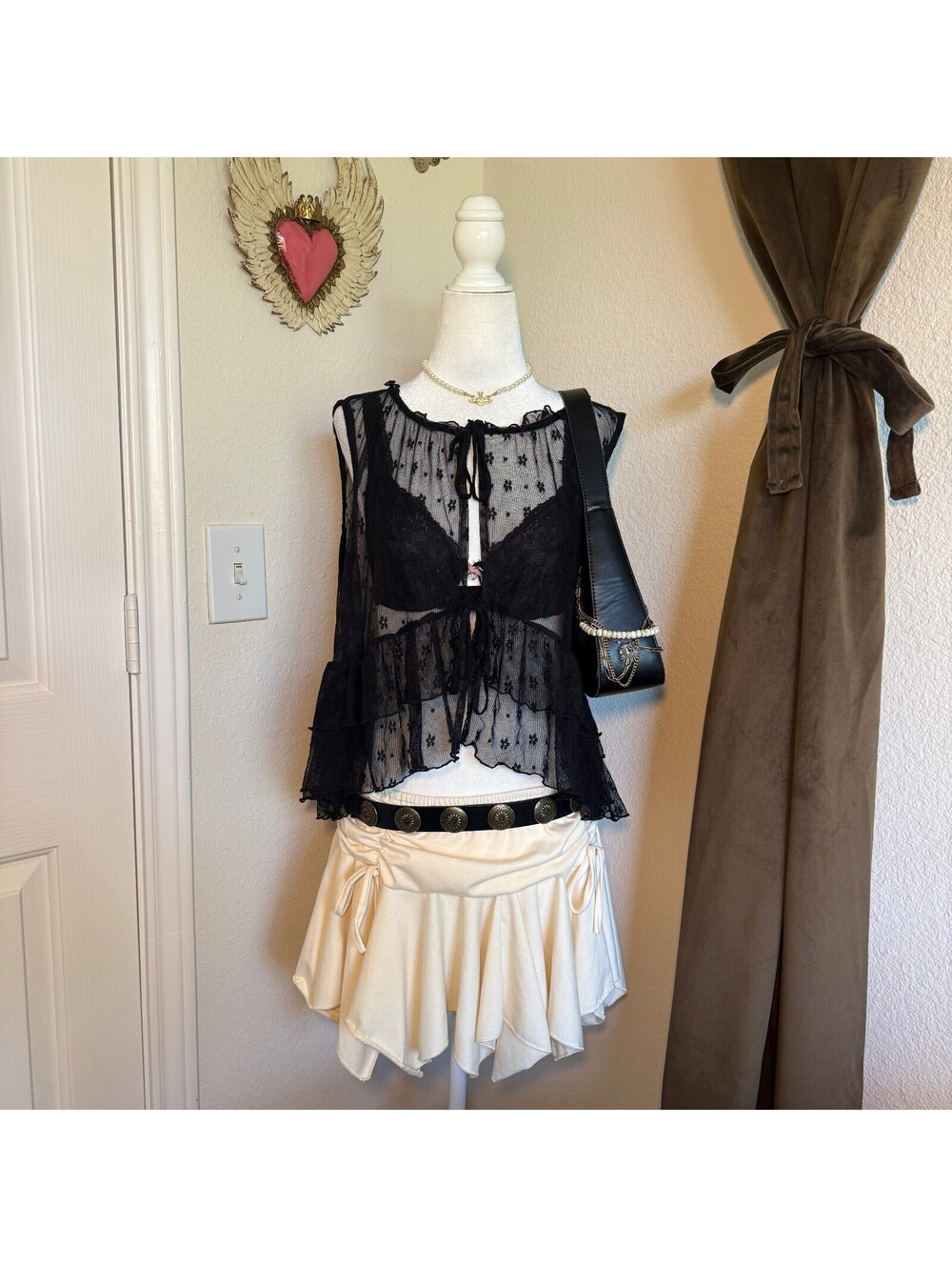 Originality Women's Lace Tie-Front Sleeveless Ruffle Top Black Coquette Layering